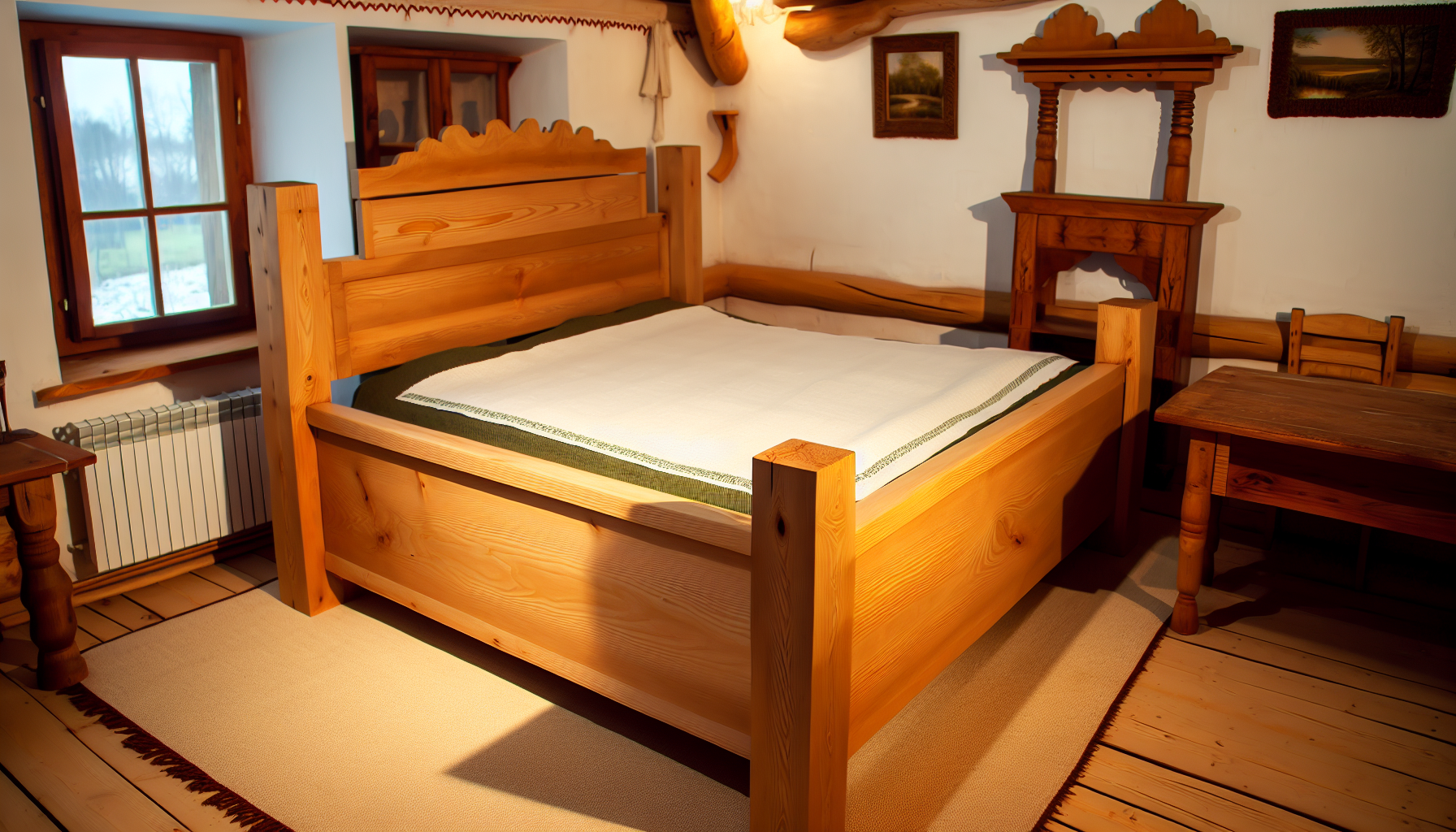Ein groÃŸes, kunstvoll gefertigtes Bett aus massivem Holz. Das Bett ist sorgfÃ¤ltig gestaltet, mit einem stabilen Holzrahmen und Bettpfosten. Es verfÃ¼gt Ã¼ber eine bequeme Matratze, die mit sauberer, gemÃ¼tlicher BettwÃ¤sche geschmÃ¼ckt ist. Das Kopfteil ist kunstvoll geschnitzt, mÃ¶glicherweise von einem geschickten Handwerker, und zeigt die natÃ¼rliche SchÃ¶nheit der Holzmaserung. Ãœberall im Design sind Anzeichen hervorragender Handwerkskunst zu erkennen. Der Raum um das Bett ist sanft beleuchtet, was eine warme, einladende AtmosphÃ¤re schafft, die perfekt zum Entspannen ist. Elemente im Raum deuten auf eine heimelige AtmosphÃ¤re hin, mit HolzmÃ¶beln und gemÃ¼tlichen Textilien, die das massive Holzbett ergÃ¤nzen.