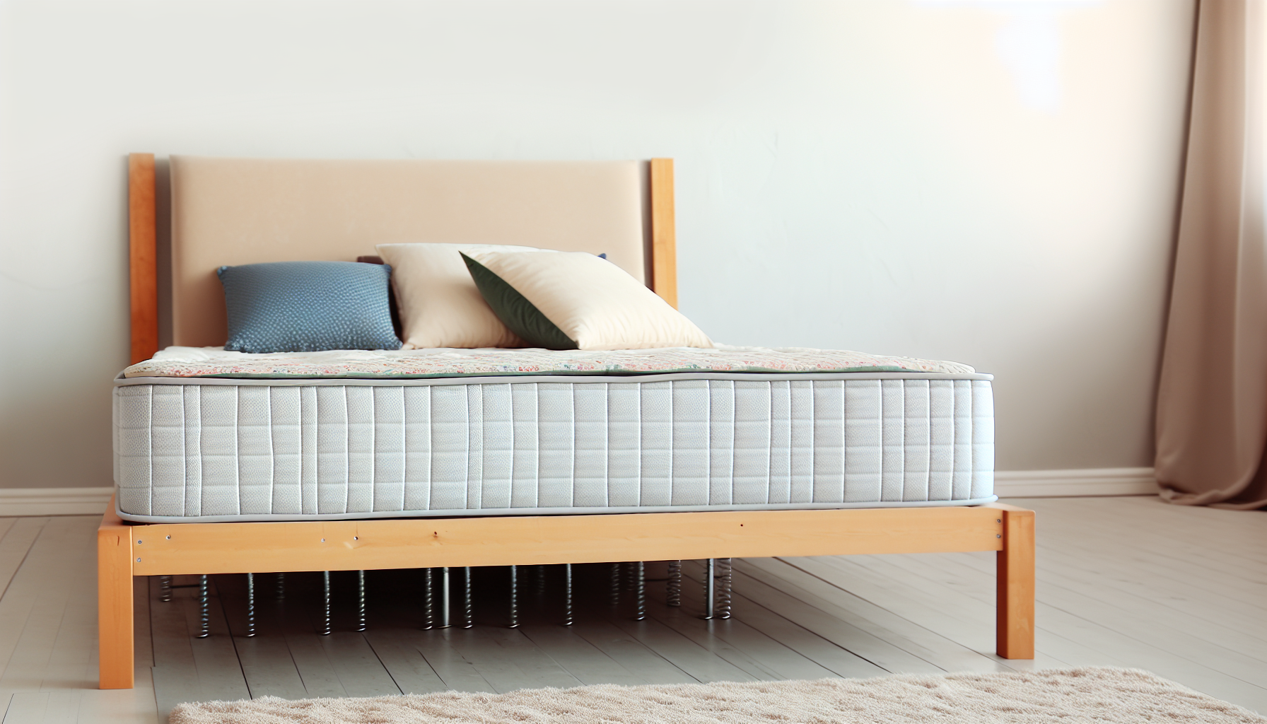 Bild eines Boxspringbettes. Es handelt sich um eine Art Bett, das typischerweise aus zwei Teilen besteht: der Matratze und einem mit Stoff bezogenen Holzrahmen. Der Rahmen ist rechteckig und mit Federn oder Spiralen gefÃ¼llt, die UnterstÃ¼tzung fÃ¼r die Matratze bieten. Es steht auf vier Beinen und hat oft ein Kopfteil angebracht. Auf der Oberseite sind eine bequeme Decke und einige dekorative Kissen zu sehen, die fÃ¼r zusÃ¤tzliche visuelle Anziehung sorgen. Der umgebende Raum ist in sanften, neutralen TÃ¶nen gehalten, was eine gemÃ¼tliche und einladende AtmosphÃ¤re schafft.