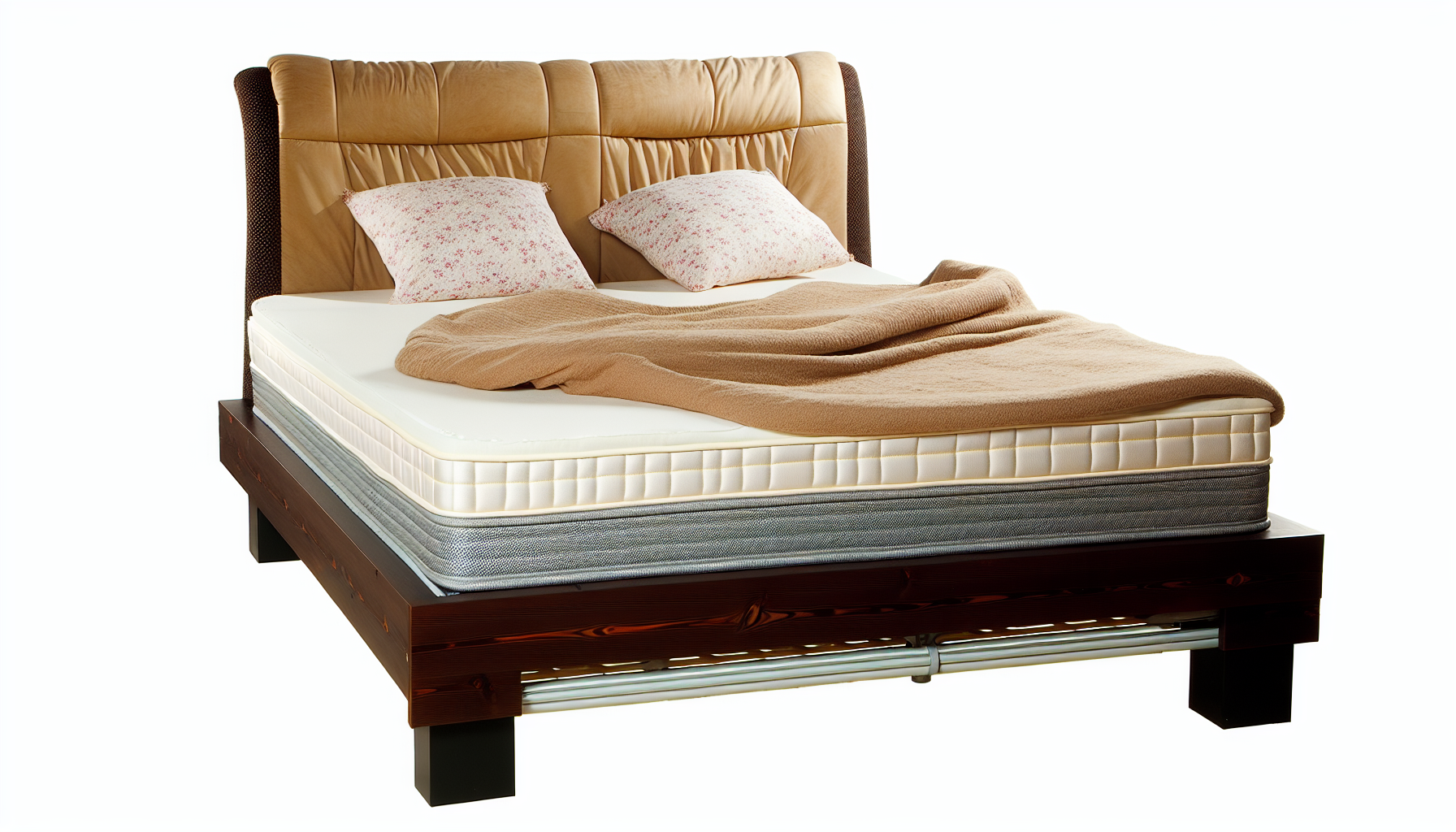 Ein Boxspringbett, das ein beliebter Bettstil in Deutschland ist, komplett mit seiner charakteristischen Boxspringbasis. Dieses Bett zeichnet sich durch einen stabilen Holzrahmen aus, der mit Stoff bezogen ist und eine Matratze darÃ¼ber stÃ¼tzt. Eine beige-farbene, weiche und bequeme Matratze ruht auf dem Bettgestell. Das Bett hat ein plÃ¼schiges, Ã¼bergroÃŸes Kopfteil, das mit einem dunkelbraunen Lederstoff gepolstert ist, was einen starken Kontrast zur beigen Matratze bietet. Die BettwÃ¤sche ist ordentlich arrangiert, mit dekorativen Kissen, die am Kopfende des Bettes platziert sind. Die Szene vermittelt einen komfortablen und einladenden Ort zum Ausruhen und Schlafen.