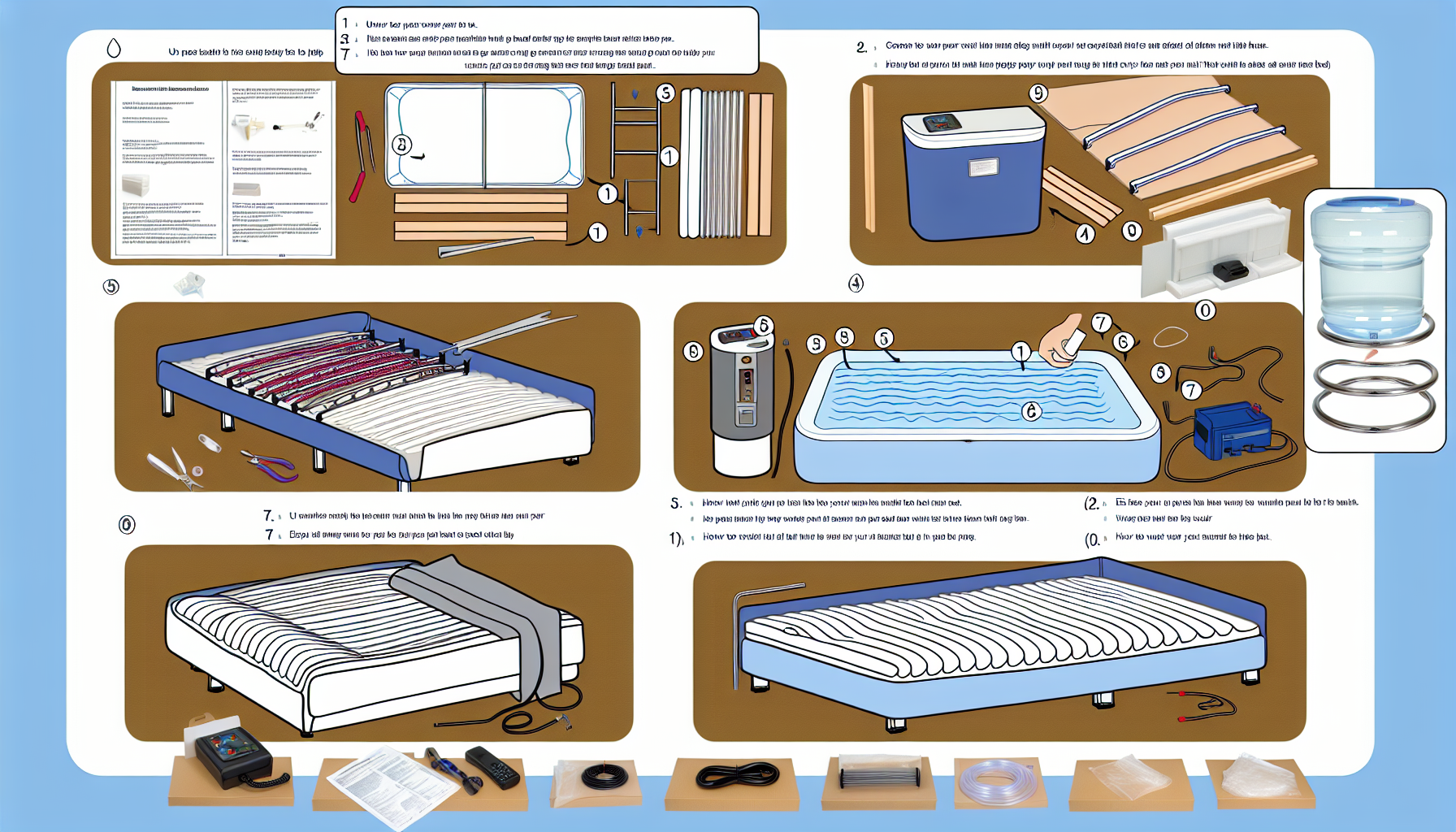 Ein detaillierter Schritt-für-Schritt-Visueller Leitfaden zur Einrichtung und Pflege eines Wasserbettes. Die ersten Bilder zeigen das Auspacken der verschiedenen Komponenten, einschließlich des Rahmens, der Wasserblase und der Heizeinheit. Die nächsten Schritte veranschaulichen die richtige Montage und die Füllverfahren, wobei jedes verwendete Werkzeug hervorgehoben wird. Der Leitfaden enthält auch wichtige Sicherheitsmaßnahmen, wie die Überprüfung, ob die Heizung korrekt installiert und funktionsfähig ist, bevor das Bett mit Wasser gefüllt wird. Tipps zur routinemäßigen Wartung, wie man auf Lecks überprüft, wie man Wasserzusätze hinzufügt und wie man die Oberfläche des Bettes reinigt, sind ebenfalls enthalten.