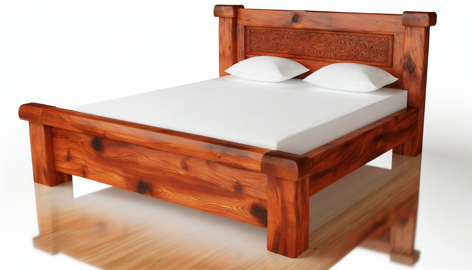 Ein Bild, das ein großes, robustes Bett aus massivem Holz zeigt. Das Bett hat kunstvoll geschnitzte Details am Kopfteil, die einen rustikalen Charme ausstrahlen. Der Bettrahmen zeigt reiche Maserungsmuster, die die Schönheit natürlicher Materialien widerspiegeln. Die Matratze ist ordentlich mit frischen weißen Bettlaken bezogen, und ein flauschiges Kissen ruht am Kopfende. Der Boden darunter ist perfekt poliert und reflektiert ein warmes Licht auf das Bett.
